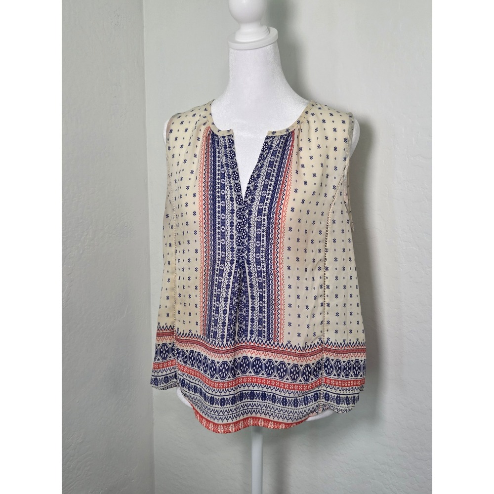 Boho Geometric Print Sleeveless Blouse Cream Navy Coral V-Neck Top TS1218-01P